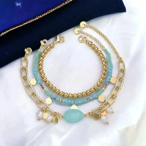 🆕️18K Gold Plated Stainless Steel Bracelet Set: Jade & Freshwater Pearls 🌟 - Picture 4 of 12